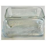 Antique Porcelain-Head Doll in Purple Gingham Dress & Orange Ribbon, Vintage Refrigerator Glass Butter Dish & Wreath