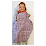 Antique Porcelain-Head Doll in Purple Gingham Dress & Orange Ribbon, Vintage Refrigerator Glass Butter Dish & Wreath