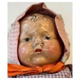 Antique Porcelain-Head Doll in Purple Gingham Dress & Orange Ribbon, Vintage Refrigerator Glass Butter Dish & Wreath