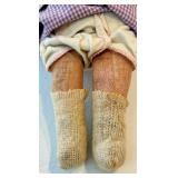 Antique Porcelain-Head Doll in Purple Gingham Dress & Orange Ribbon, Vintage Refrigerator Glass Butter Dish & Wreath