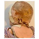 Antique Porcelain-Head Doll in Purple Gingham Dress & Orange Ribbon, Vintage Refrigerator Glass Butter Dish & Wreath