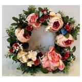 Antique Porcelain-Head Doll in Purple Gingham Dress & Orange Ribbon, Vintage Refrigerator Glass Butter Dish & Wreath