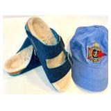 Birkenstock Sandals (EU 37) Two-Strap Blue Suede & Navy Cap with Nautical Crest