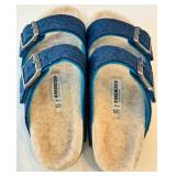 Birkenstock Sandals (EU 37) Two-Strap Blue Suede & Navy Cap with Nautical Crest