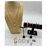 Gold-Tone Pearl Necklace, Pink Enamel Bangle & Assorted Earrings - Fashion Jewelry Lot