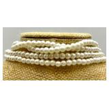 Pearl Necklaces Collection - Multi-Strand White Pearls with Crystals & Gold Tone Centerpiece