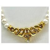 Pearl Necklaces Collection - Multi-Strand White Pearls with Crystals & Gold Tone Centerpiece