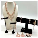 Pink Bead Jewelry Set - Necklace & Bracelet & Earrings with Heart Charms
