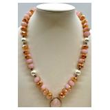 Pink Bead Jewelry Set - Necklace & Bracelet & Earrings with Heart Charms