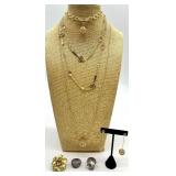 Gold-Tone Jewelry Set: Floral Dome Ring, Crystal Flower Ring, Pink Drop Earrings, Multi-Strand Necklace