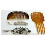 Vintage Hair Combs (Lot of 4) - Rhinestone & Pearl Accents, Tortoiseshell & Amber