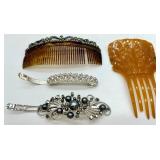 Vintage Hair Combs (Lot of 4) - Rhinestone & Pearl Accents, Tortoiseshell & Amber