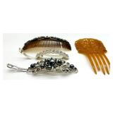 Vintage Hair Combs (Lot of 4) - Rhinestone & Pearl Accents, Tortoiseshell & Amber