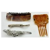 Vintage Hair Combs (Lot of 4) - Rhinestone & Pearl Accents, Tortoiseshell & Amber