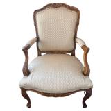 French Rococo Carved Wood Armchair & Damask Upholstery - Seat 25x22, Seat Ht 16in, Ht 38in