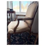 French Rococo Carved Wood Armchair & Damask Upholstery - Seat 25x22, Seat Ht 16in, Ht 38in