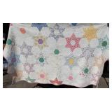 Patchwork Star Quilt - Hexagon Star Patchwork with Floral Prints & Pink Binding - Damaged - For crafts/repurposing