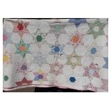 Patchwork Star Quilt - Hexagon Star Patchwork with Floral Prints & Pink Binding - Damaged - For crafts/repurposing