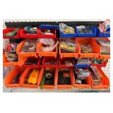 Assorted Hardware in Orange Bins - Screws, Nuts, Bolts & Fittings