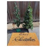 Two Small Artificial Christmas Trees & Merry Christmas Doormat