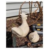 Ceramic Bird Statues & Rusty Garden Tools