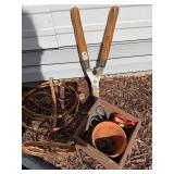 Ceramic Bird Statues & Rusty Garden Tools