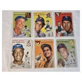 Lot of 6 Vintage 1954 Topps Baseball Cards Featuring Buster Mills, Paul Smith, Bob Wilson, Jehosie Heard, Bob Scheffing, and Harvey Haddix.