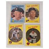Lot of 4 Vintage High Number 1959 Baseball Cards Featuring Bob Speake, Art Fowler, Solly Hemus, and Elmer Singleton.