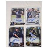 Lot of 4 Rookie Baseball Cards with On Card Autos Featuring Karl Kauffmann, Chad Kuhl, Trevor Oaks, and Tyler Alexander
