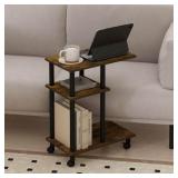 Furinno Tomi 20 in. Amber Pine/Black Wood C Shaped End Table with Wheels