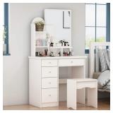 FUFU&GAGA 5-Drawers Wood Dresser Makeup Vanity Sets in White With Stool, Mirror (55.1 in. H x 31.5 in. W x 15.7 in. D)