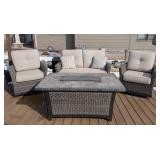 BY - Four-Piece Patio Set - 2 Chairs, Sofa & Fire Table with Beige Cushions
