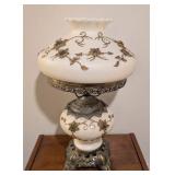 LL - Vintage White Glass Globe Table Lamp, Gold Floral Embellishments