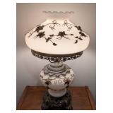 LL - Vintage White Glass Globe Table Lamp, Gold Floral Embellishments
