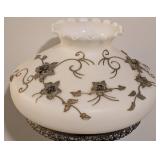 LL - Vintage White Glass Globe Table Lamp, Gold Floral Embellishments