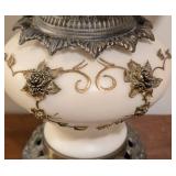 LL - Vintage White Glass Globe Table Lamp, Gold Floral Embellishments