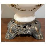 LL - Vintage White Glass Globe Table Lamp, Gold Floral Embellishments