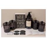 LL - Wash Brush Floss Flush Chalkboard Sign - Coconut Citrus Hand Soap - 4 Dark Glass Canisters
