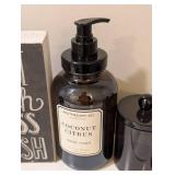 LL - Wash Brush Floss Flush Chalkboard Sign - Coconut Citrus Hand Soap - 4 Dark Glass Canisters