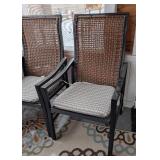 P - Patio Chairs - Pair, Black Metal Frame, Woven Back, Cushioned Seats