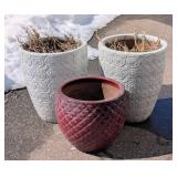 G - Ceramic Planter Pots - Set Of 3 - Gray Rosette Pattern & Red Textured Pot