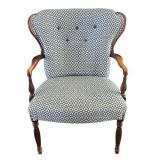 LR - Vintage Armchair - Blue Diamond Upholstery and Carved Wood Arms