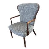 LR - Vintage Armchair - Blue Diamond Upholstery and Carved Wood Arms