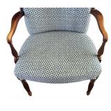 LR - Vintage Armchair - Blue Diamond Upholstery and Carved Wood Arms