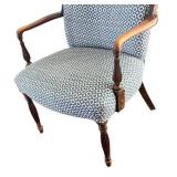 LR - Vintage Armchair - Blue Diamond Upholstery and Carved Wood Arms