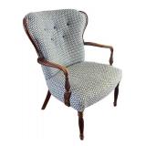 LR - Vintage Armchair - Blue Diamond Upholstery and Carved Wood Arms