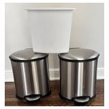 BR1 - Three Waste Baskets - Stainless Steel Pedal Cans & White Rectangular Bin
