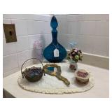 Metal basket, button bouquet, bottl...