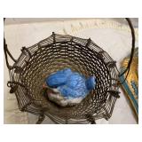 Metal basket, button bouquet, bottl...