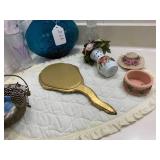 Metal basket, button bouquet, bottl...